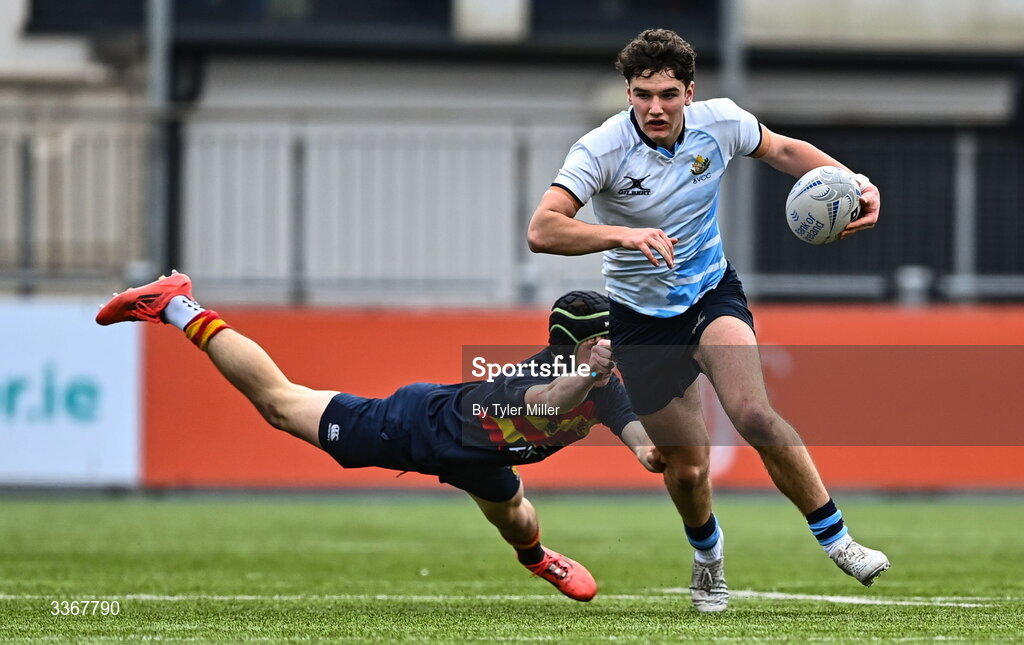 25 February 2026; Cory O'Connor of St Vincent's Castleknock College in action against Christiaan Whelan of Temple Carrig during the Bank of Ireland Leinster Rugby Boys Schools Vinnie Murray Cup semi-final match between St Vincent's Castleknock College and Temple Carrig at Energia Park in Dublin. Photo by Tyler Miller/Sportsfile