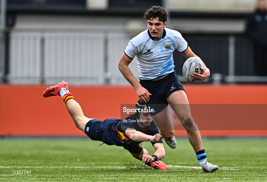 25 February 2026; Cory O'Connor of St Vincent's Castleknock College in action against Christiaan Whelan of Temple Carrig during the Bank of Ireland Leinster Rugby Boys Schools Vinnie Murray Cup semi-final match between St Vincent's Castleknock College and Temple Carrig at Energia Park in Dublin. Photo by Tyler Miller/Sportsfile