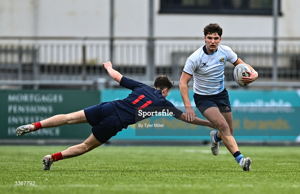 25 February 2026; Cory O'Connor of St Vincent's Castleknock College in action against Conor Keogh of Temple Carrig during the Bank of Ireland Leinster Rugby Boys Schools Vinnie Murray Cup semi-final match between St Vincent's Castleknock College and Temple Carrig at Energia Park in Dublin. Photo by Tyler Miller/Sportsfile