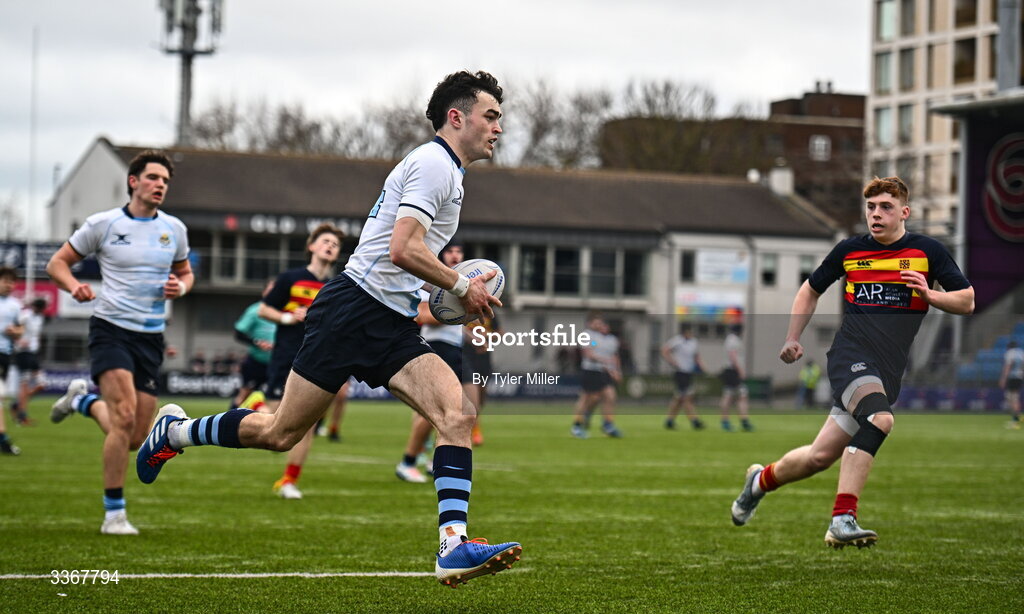 25 February 2026; Jacob O'Rourke of St Vincent's Castleknock College on his way to scoring his side's fourth try during the Bank of Ireland Leinster Rugby Boys Schools Vinnie Murray Cup semi-final match between St Vincent's Castleknock College and Temple Carrig at Energia Park in Dublin. Photo by Tyler Miller/Sportsfile
