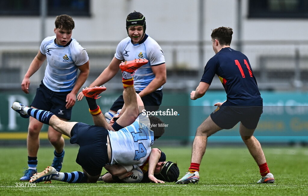 25 February 2026; Jacob O'Rourke of St Vincent's Castleknock College tackles Christiaan Whelan of Temple Carrig which resulted in a yellow card during the Bank of Ireland Leinster Rugby Boys Schools Vinnie Murray Cup semi-final match between St Vincent's Castleknock College and Temple Carrig at Energia Park in Dublin. Photo by Tyler Miller/Sportsfile