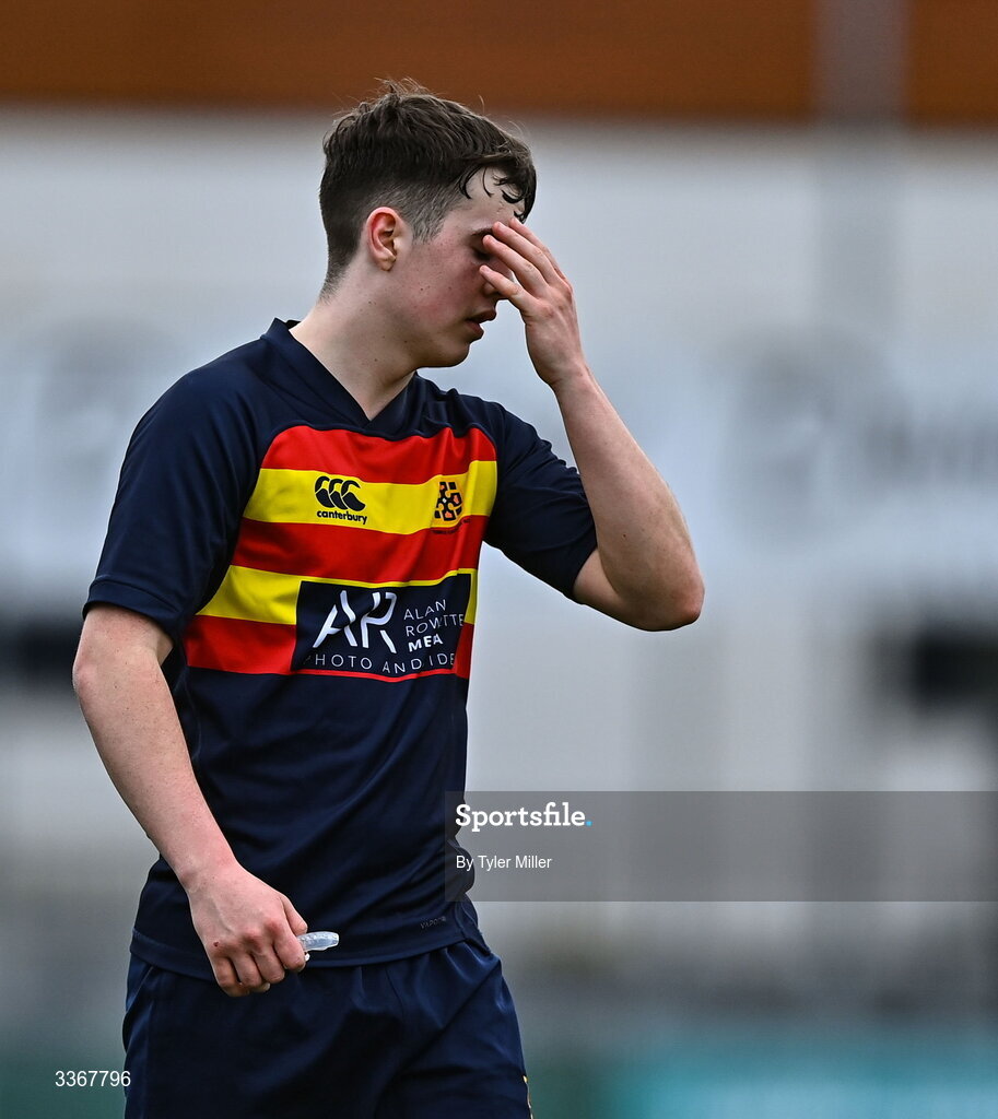 25 February 2026; Conor Keogh of Temple Carrig reacts during the Bank of Ireland Leinster Rugby Boys Schools Vinnie Murray Cup semi-final match between St Vincent's Castleknock College and Temple Carrig at Energia Park in Dublin. Photo by Tyler Miller/Sportsfile