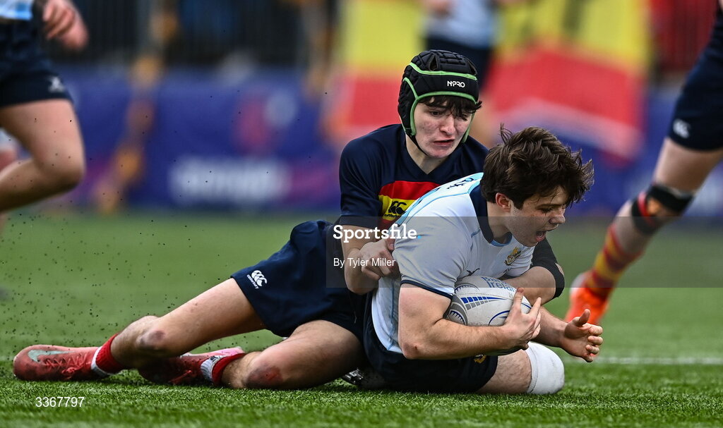 25 February 2026; Robert Mulligan of St Vincent's Castleknock College is tackled by Fionn Dutton of Temple Carrig during the Bank of Ireland Leinster Rugby Boys Schools Vinnie Murray Cup semi-final match between St Vincent's Castleknock College and Temple Carrig at Energia Park in Dublin. Photo by Tyler Miller/Sportsfile