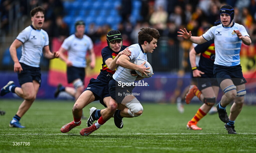 25 February 2026; Robert Mulligan of St Vincent's Castleknock College is tackled by Fionn Dutton of Temple Carrig during the Bank of Ireland Leinster Rugby Boys Schools Vinnie Murray Cup semi-final match between St Vincent's Castleknock College and Temple Carrig at Energia Park in Dublin. Photo by Tyler Miller/Sportsfile