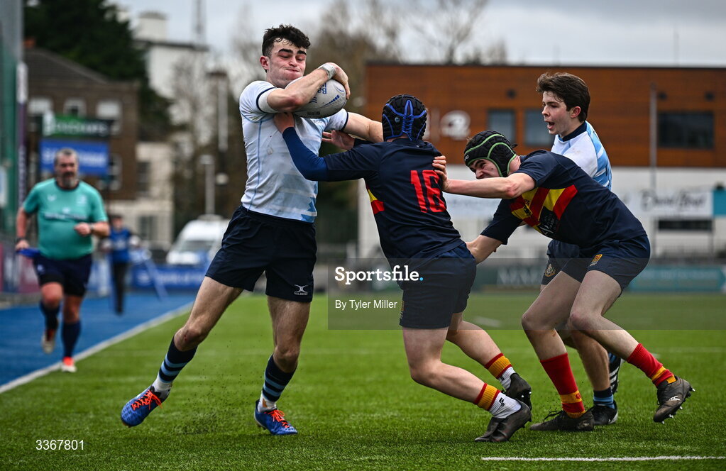 25 February 2026; Jacob O'Rourke of St Vincent's Castleknock College, left, during the Bank of Ireland Leinster Rugby Boys Schools Vinnie Murray Cup semi-final match between St Vincent's Castleknock College and Temple Carrig at Energia Park in Dublin. Photo by Tyler Miller/Sportsfile
