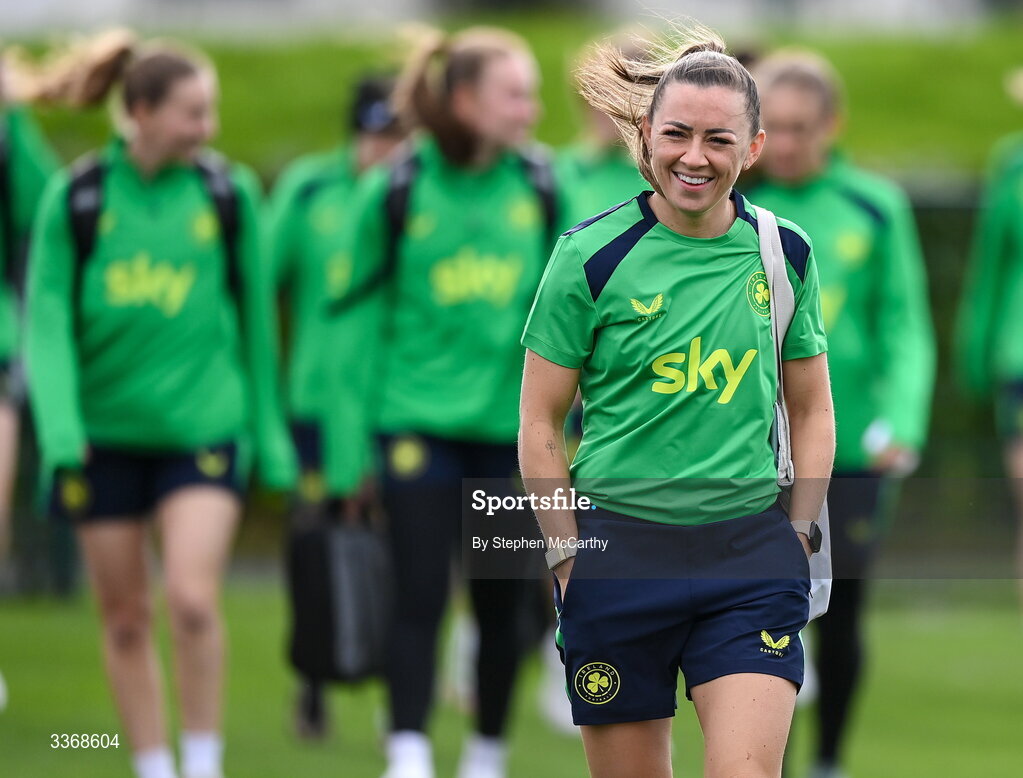 26 February 2026; Katie McCabe arrives for a Republic of Ireland women training session at the FAI National Training Centre in Abbotstown, Dublin. Photo by Stephen McCarthy/Sportsfile