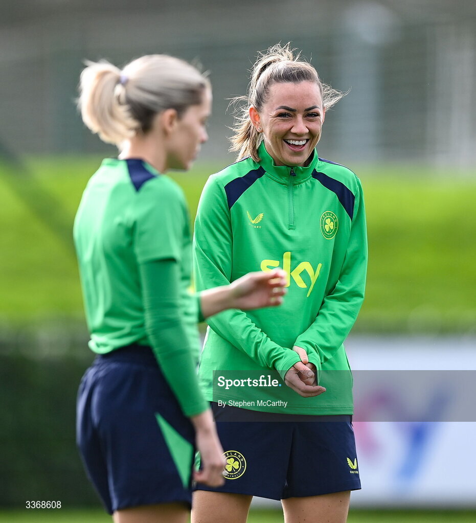 26 February 2026; Katie McCabe and Denise O’Sullivan, left, during a Republic of Ireland women training session at the FAI National Training Centre in Abbotstown, Dublin. Photo by Stephen McCarthy/Sportsfile