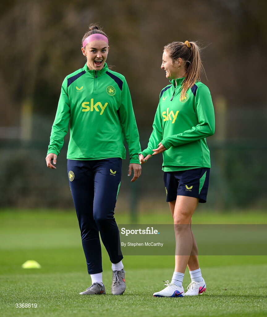 26 February 2026; Caitlin Hayes, left, and Kyra Carusa during a Republic of Ireland women training session at the FAI National Training Centre in Abbotstown, Dublin. Photo by Stephen McCarthy/Sportsfile
