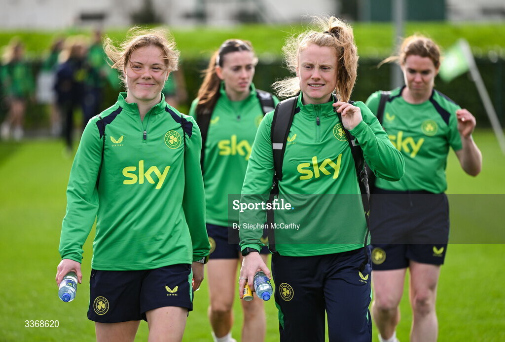 26 February 2026; Emily Murphy, left, and Amber Barrett arrive for a Republic of Ireland women training session at the FAI National Training Centre in Abbotstown, Dublin. Photo by Stephen McCarthy/Sportsfile