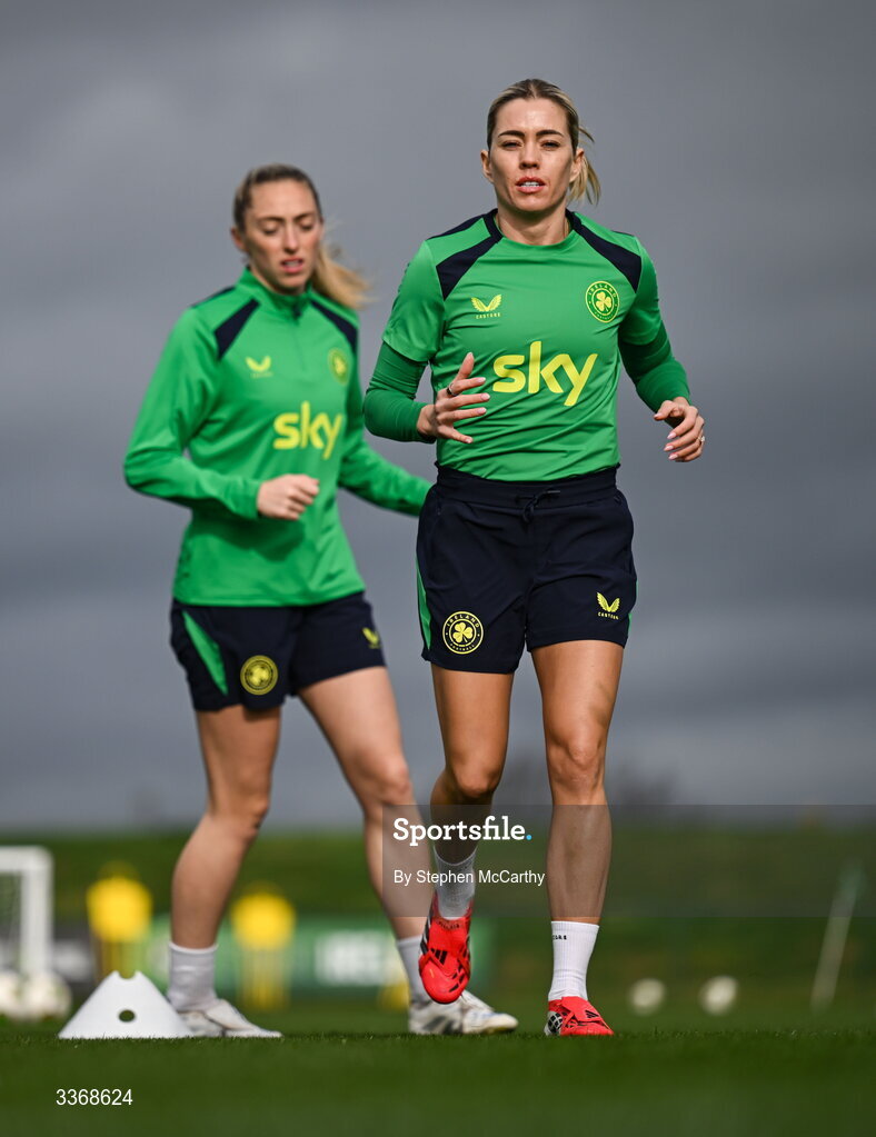 26 February 2026; Denise O’Sullivan and Megan Connolly, left, during a Republic of Ireland women training session at the FAI National Training Centre in Abbotstown, Dublin. Photo by Stephen McCarthy/Sportsfile