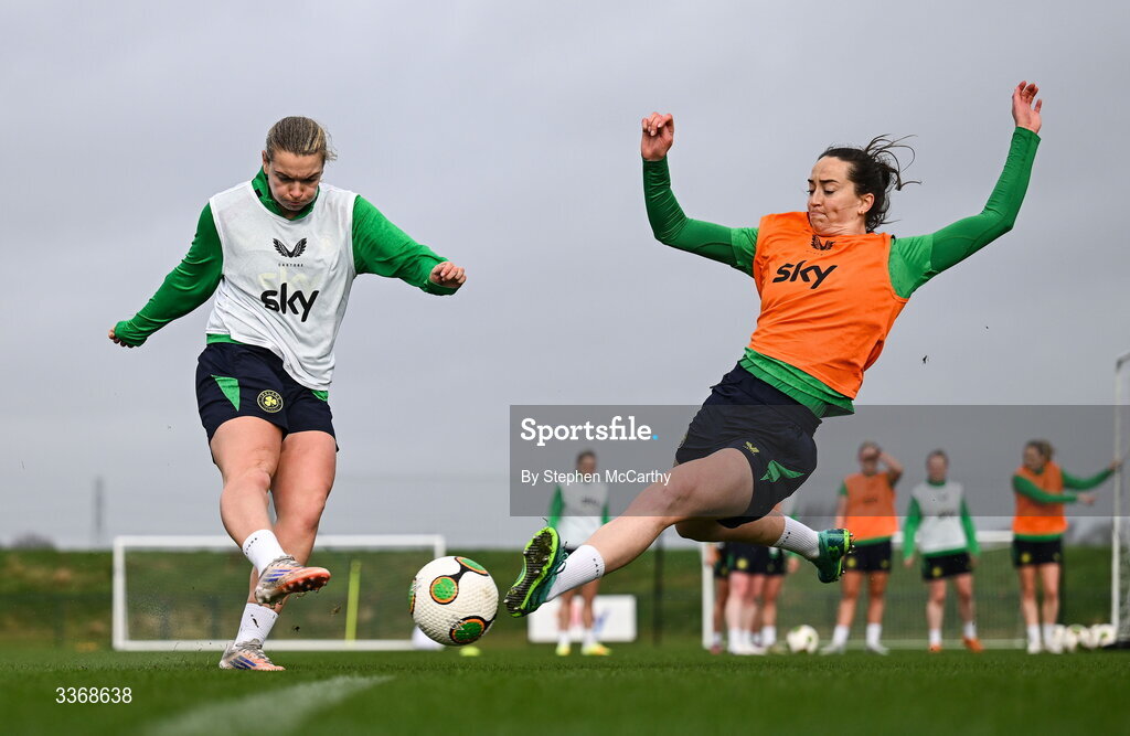 26 February 2026; Saoirse Noonan and Anna Patten, right, during a Republic of Ireland women training session at the FAI National Training Centre in Abbotstown, Dublin. Photo by Stephen McCarthy/Sportsfile
