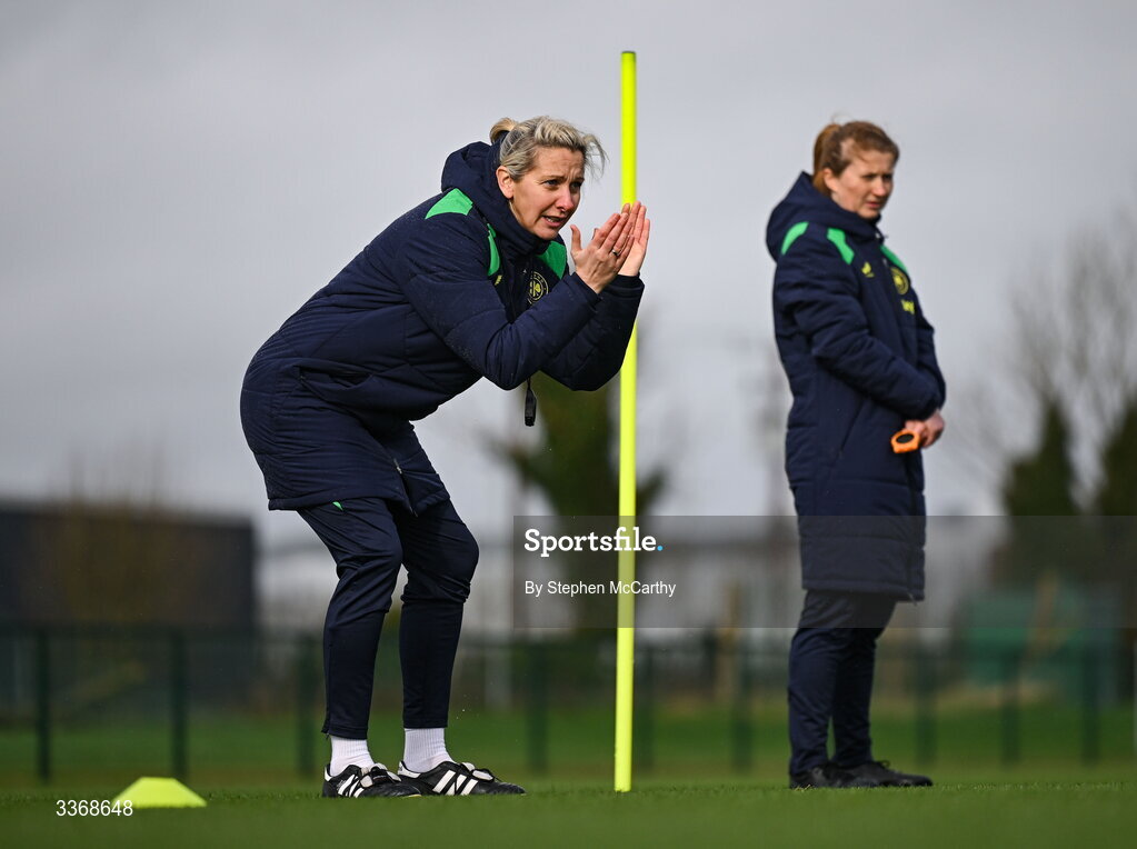 26 February 2026; Head coach Carla Ward and performance coach Holly Pickett, right, during a Republic of Ireland women training session at the FAI National Training Centre in Abbotstown, Dublin. Photo by Stephen McCarthy/Sportsfile
