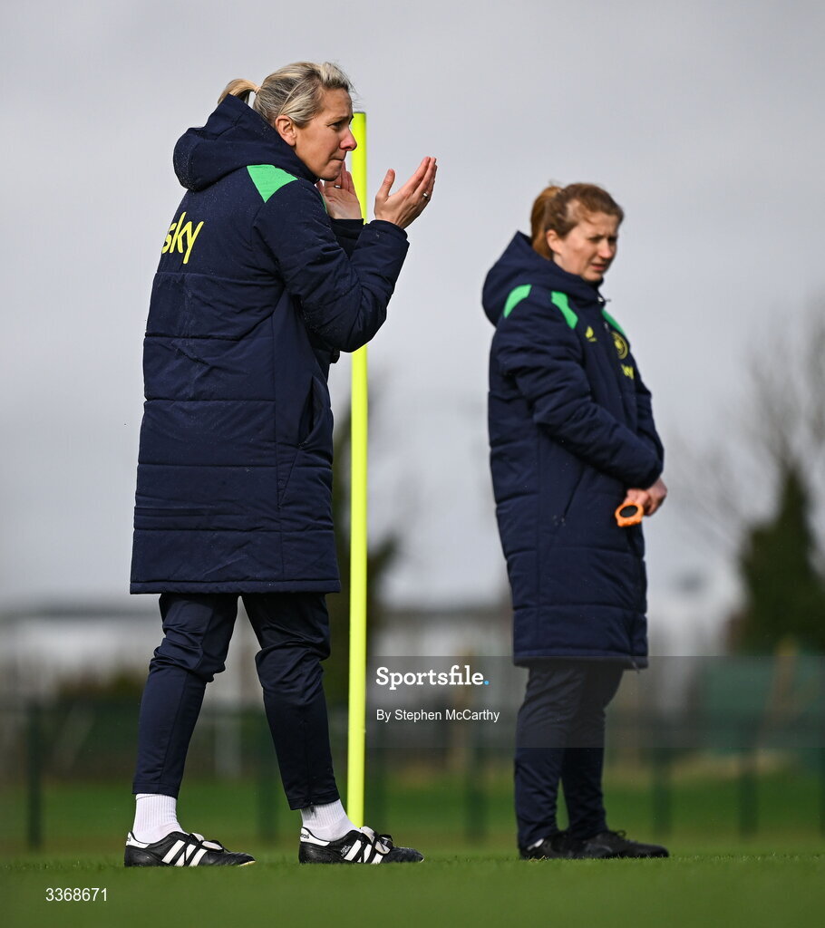 26 February 2026; Head coach Carla Ward and performance coach Holly Pickett during a Republic of Ireland women training session at the FAI National Training Centre in Abbotstown, Dublin. Photo by Stephen McCarthy/Sportsfile