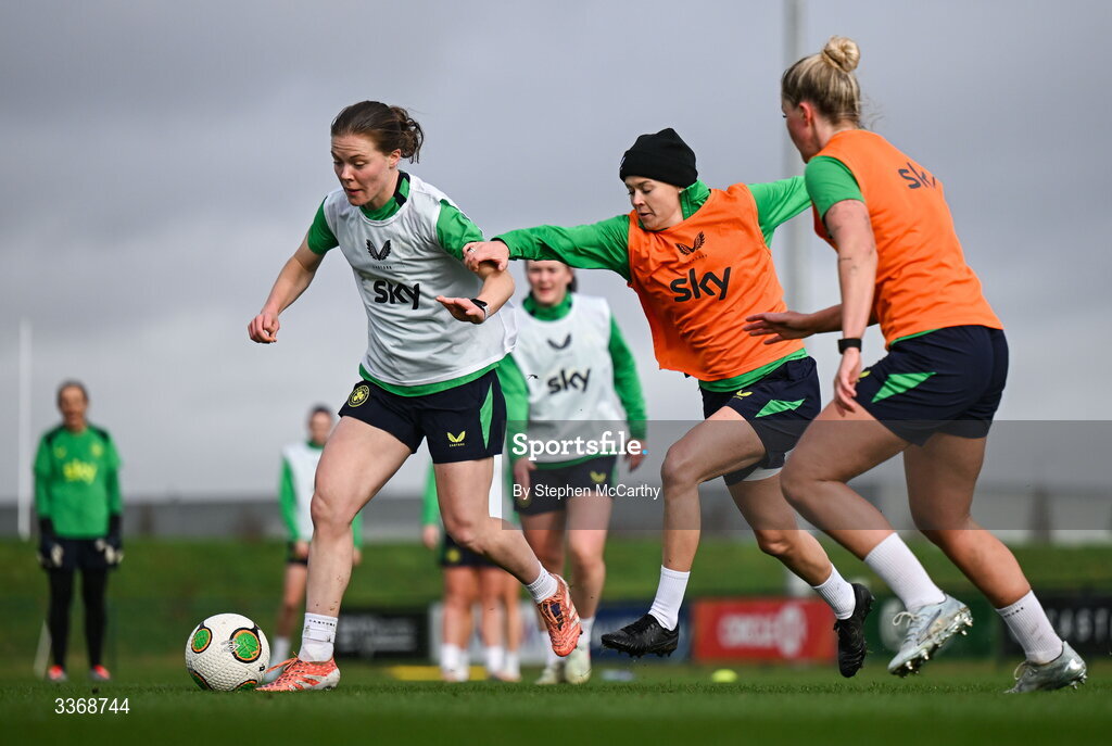 26 February 2026; Emily Murphy is tackled by Ruesha Littlejohn during a Republic of Ireland women training session at the FAI National Training Centre in Abbotstown, Dublin. Photo by Stephen McCarthy/Sportsfile