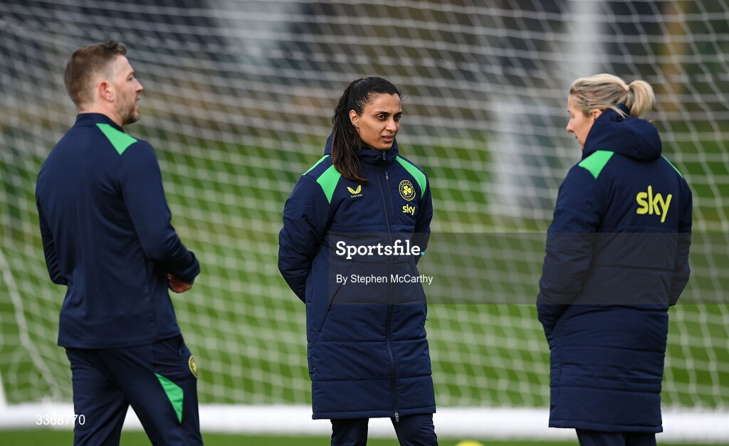 26 February 2026; Performance analyst Jasmine Mander, centre, and assistant coach Gary Cronin, left, and head coach Carla Ward, right, during a Republic of Ireland women training session at the FAI National Training Centre in Abbotstown, Dublin. Photo by Stephen McCarthy/Sportsfile