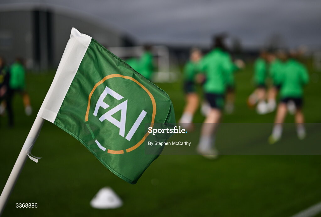 26 February 2026; An FAI branded corner flag during a Republic of Ireland women training session at the FAI National Training Centre in Abbotstown, Dublin. Photo by Stephen McCarthy/Sportsfile