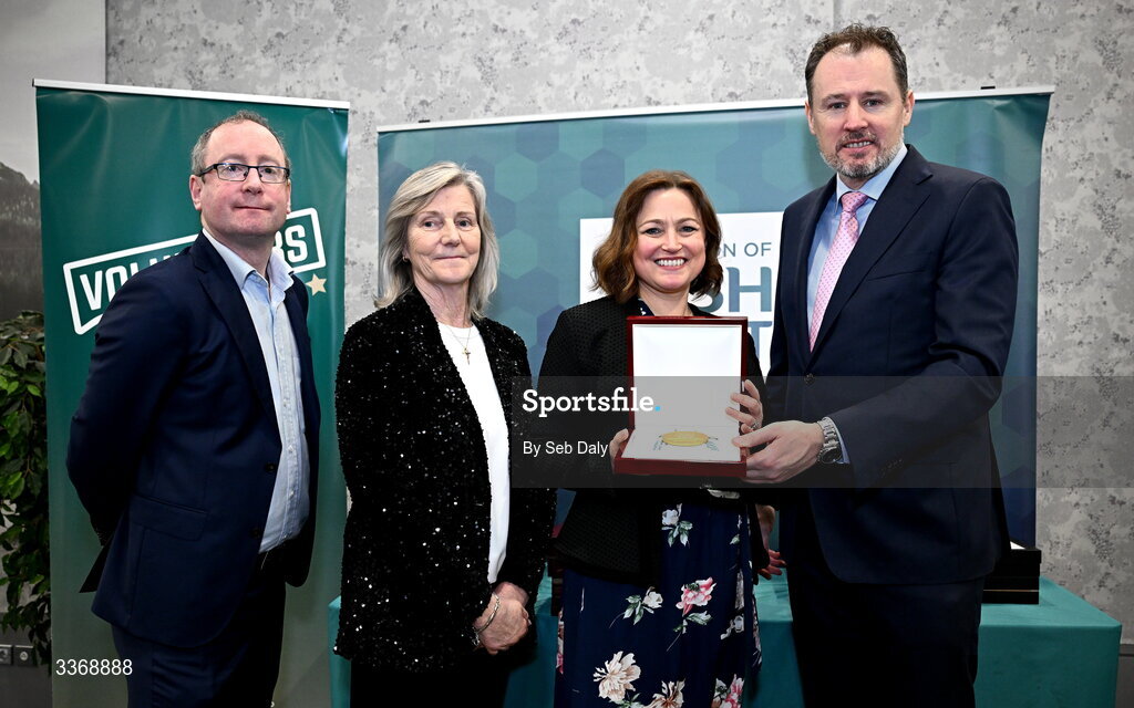 26 February 2026; Annelies Goyartsof North Kildare Basketball Club , Kildare, is presented with her award by Minister of State at the Department of Culture, Communications and Sport Charlie McConalogue TD, Federation of Irish Sport chair Clare McGrath, and Dun Laoghaire Rathdown Sports Partnership coordinator Shane McArdle, during the Volunteers in Sport Awards 2025, hosted by the Federation of Irish Sport and supported by the National Network of 29 Local Sports Partnerships, at The Crowne Plaza Hotel in Blanchardstown, Dublin. Photo by Seb Daly/Sportsfile