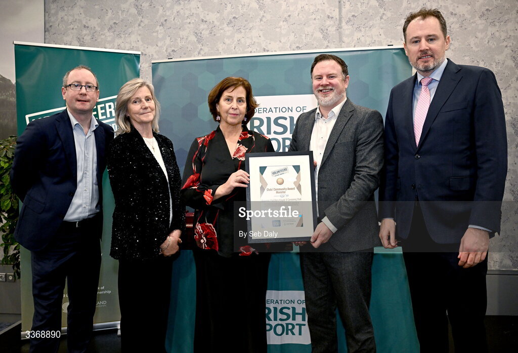 26 February 2026; Carol Ann Wood of Shannon Paddlers and Kayaking Club, is presented with the Munster Club Award by Clann Credo regional manager Tony Marshall, Minister of State at the Department of Culture, Communications and Sport Charlie McConalogue TD, Federation of Irish Sport chair Clare McGrath, and Dun Laoghaire Rathdown Sports Partnership coordinator Shane McArdle, during the Volunteers in Sport Awards 2025, hosted by the Federation of Irish Sport and supported by the National Network of 29 Local Sports Partnerships, at The Crowne Plaza Hotel in Blanchardstown, Dublin. Photo by Seb Daly/Sportsfile