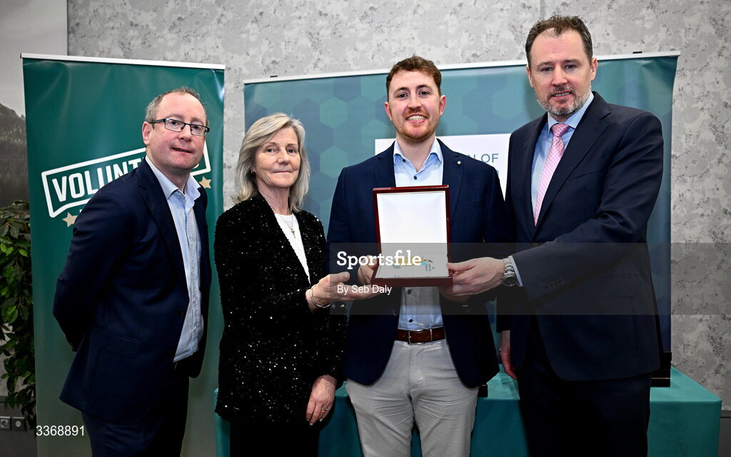26 February 2026; Garry Kehoe of Marble City Boxing Club, Kilkenny, is presented with his award by Minister of State at the Department of Culture, Communications and Sport Charlie McConalogue TD, Federation of Irish Sport chair Clare McGrath, and Dun Laoghaire Rathdown Sports Partnership coordinator Shane McArdle, during the Volunteers in Sport Awards 2025, hosted by the Federation of Irish Sport and supported by the National Network of 29 Local Sports Partnerships, at The Crowne Plaza Hotel in Blanchardstown, Dublin. Photo by Seb Daly/Sportsfile