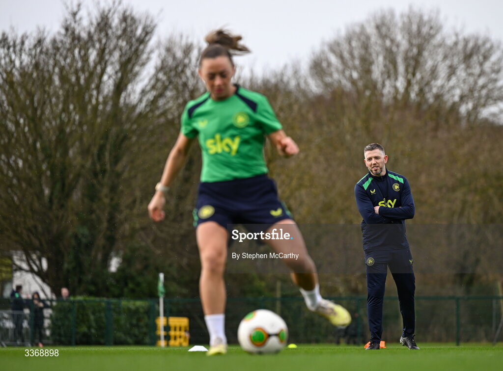 26 February 2026; Assistant coach Gary Cronin and Katie McCabe during a Republic of Ireland women training session at the FAI National Training Centre in Abbotstown, Dublin. Photo by Stephen McCarthy/Sportsfile