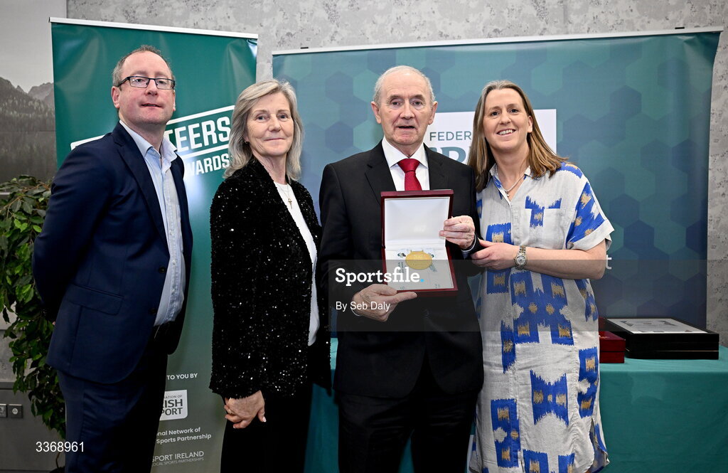 26 February 2026; Tommy McMahon of Belturbet Rowing Club, Cavan, is presented with his award by Federation of Irish Sport chief executive officer Mary O'Connor, Federation of Irish Sport chair Clare McGrath, and Dun Laoghaire Rathdown Sports Partnership coordinator Shane McArdle, during the Volunteers in Sport Awards 2025, hosted by the Federation of Irish Sport and supported by the National Network of 29 Local Sports Partnerships, at The Crowne Plaza Hotel in Blanchardstown, Dublin. Photo by Seb Daly/Sportsfile