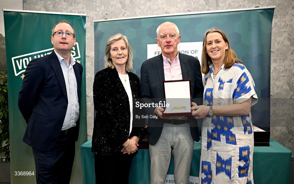 26 February 2026; Tony Headon of Longford Rugby Club, Longford, is presented with his award by Federation of Irish Sport chief executive officer Mary O'Connor, Federation of Irish Sport chair Clare McGrath, and Dun Laoghaire Rathdown Sports Partnership coordinator Shane McArdle, during the Volunteers in Sport Awards 2025, hosted by the Federation of Irish Sport and supported by the National Network of 29 Local Sports Partnerships, at The Crowne Plaza Hotel in Blanchardstown, Dublin. Photo by Seb Daly/Sportsfile