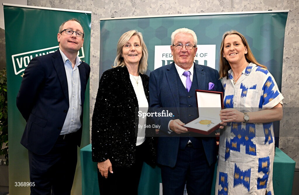 26 February 2026; Paddy Bird of Stamullen Julianstown Badminton Club, Meath, is presented with his award by Federation of Irish Sport chief executive officer Mary O'Connor, Federation of Irish Sport chair Clare McGrath, and Dun Laoghaire Rathdown Sports Partnership coordinator Shane McArdle, during the Volunteers in Sport Awards 2025, hosted by the Federation of Irish Sport and supported by the National Network of 29 Local Sports Partnerships, at The Crowne Plaza Hotel in Blanchardstown, Dublin. Photo by Seb Daly/Sportsfile