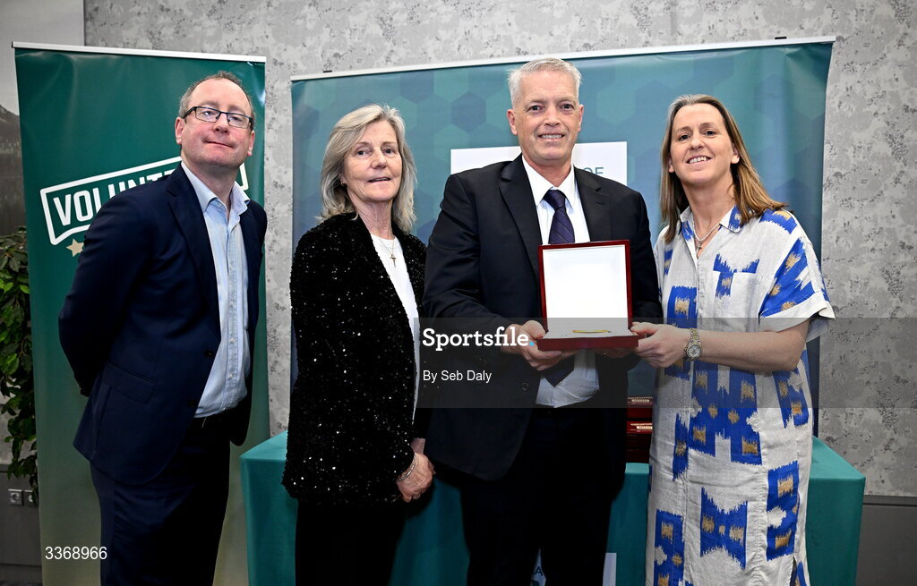 26 February 2026; Bill Dougherty of Westmeath Minotaurs, Westmeath, is presented with his award by Federation of Irish Sport chief executive officer Mary O'Connor, Federation of Irish Sport chair Clare McGrath, and Dun Laoghaire Rathdown Sports Partnership coordinator Shane McArdle, during the Volunteers in Sport Awards 2025, hosted by the Federation of Irish Sport and supported by the National Network of 29 Local Sports Partnerships, at The Crowne Plaza Hotel in Blanchardstown, Dublin. Photo by Seb Daly/Sportsfile