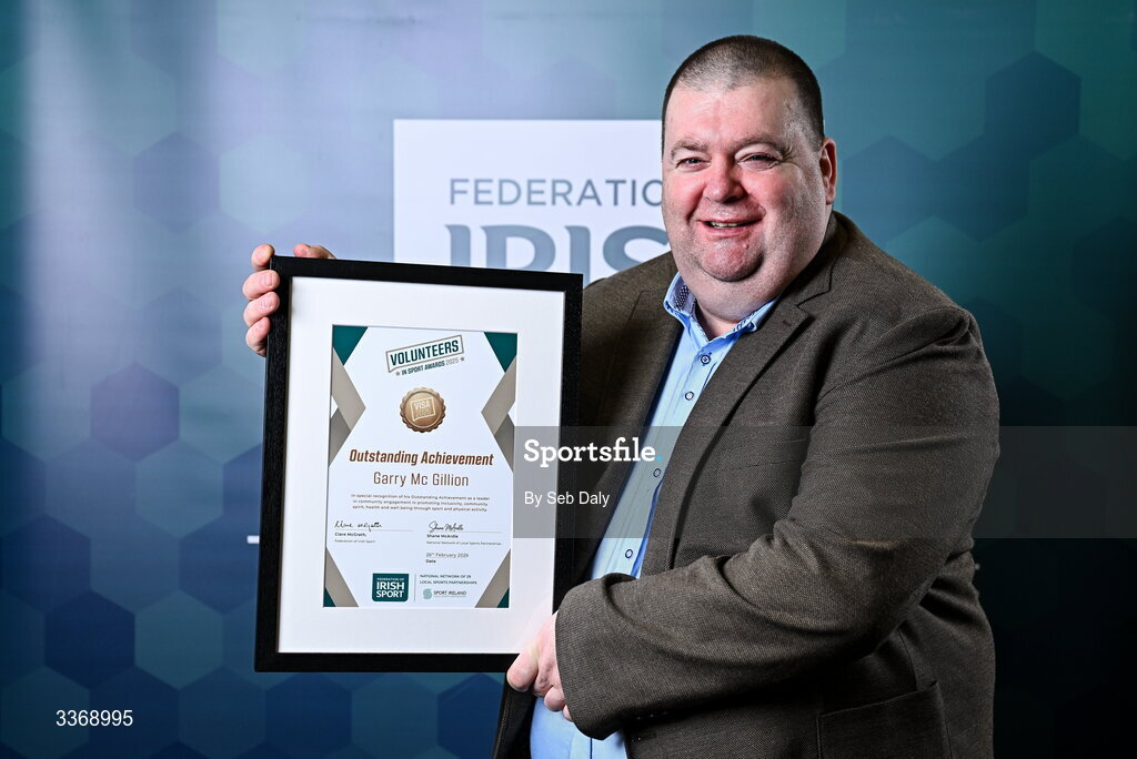 26 February 2026; Outstanding Achievement Award recipient Garry McGillion of Bishop Kelly Boxing Club, Tyrone, during the Volunteers in Sport Awards 2025, hosted by the Federation of Irish Sport and supported by the National Network of 29 Local Sports Partnerships, at The Crowne Plaza Hotel in Blanchardstown, Dublin. Photo by Seb Daly/Sportsfile