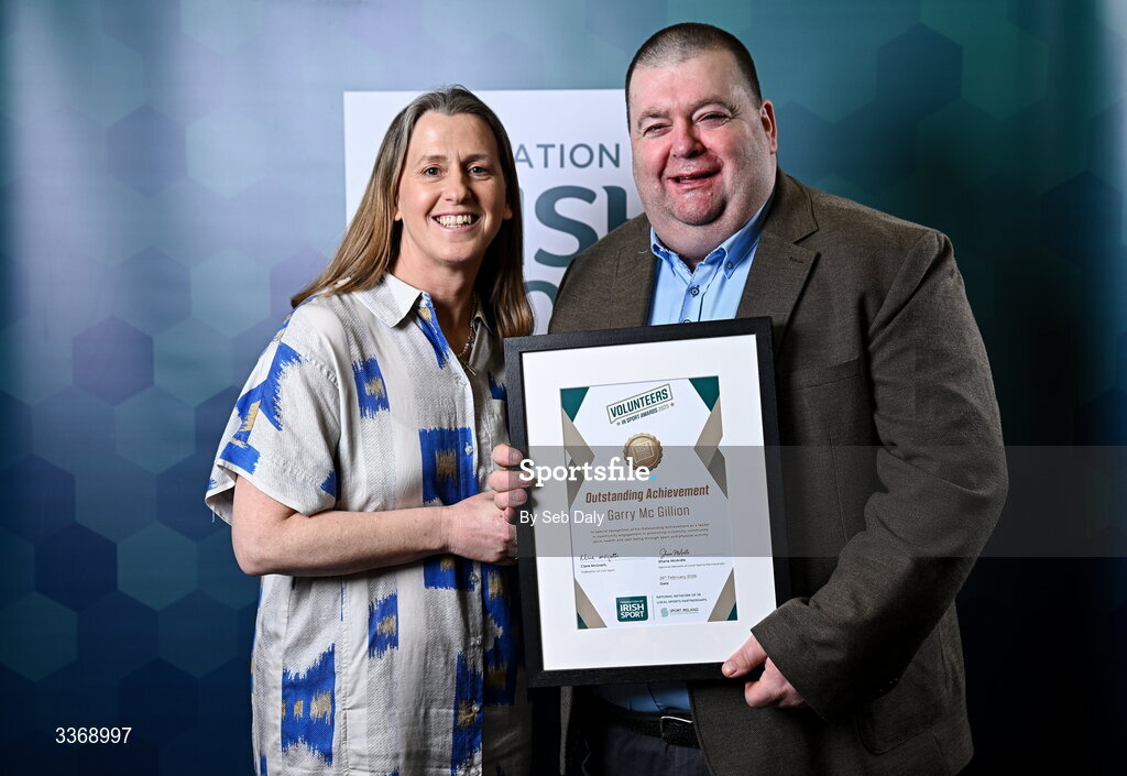 26 February 2026; Outstanding Achievement Award recipient Garry McGillion of Bishop Kelly Boxing Club, Tyrone, and with Federation of Irish Sport chief executive officer Mary O'Connor, during the Volunteers in Sport Awards 2025, hosted by the Federation of Irish Sport and supported by the National Network of 29 Local Sports Partnerships, at The Crowne Plaza Hotel in Blanchardstown, Dublin. Photo by Seb Daly/Sportsfile