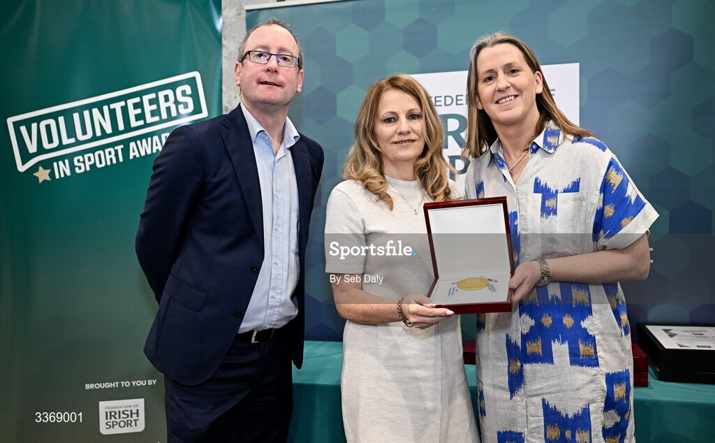 26 February 2026; Sheila Forde of Blackhill Nursery, Monaghan, is presented with her award by Federation of Irish Sport chief executive officer Mary O'Connor, and Dun Laoghaire Rathdown Sports Partnership coordinator Shane McArdle, during the Volunteers in Sport Awards 2025, hosted by the Federation of Irish Sport and supported by the National Network of 29 Local Sports Partnerships, at The Crowne Plaza Hotel in Blanchardstown, Dublin. Photo by Seb Daly/Sportsfile