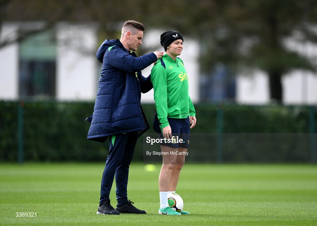 26 February 2026; Ruesha Littlejohn has her GPS unit fitted by STATSports analyst Ronan Molloy during a Republic of Ireland women training session at the FAI National Training Centre in Abbotstown, Dublin. Photo by Stephen McCarthy/Sportsfile