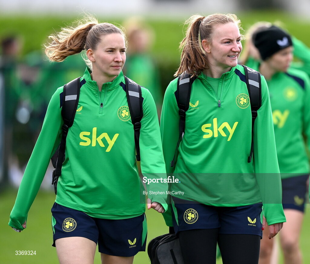 26 February 2026; Goalkeepers Sophie Whitehouse and Courtney Brosnan during a Republic of Ireland women training session at the FAI National Training Centre in Abbotstown, Dublin. Photo by Stephen McCarthy/Sportsfile