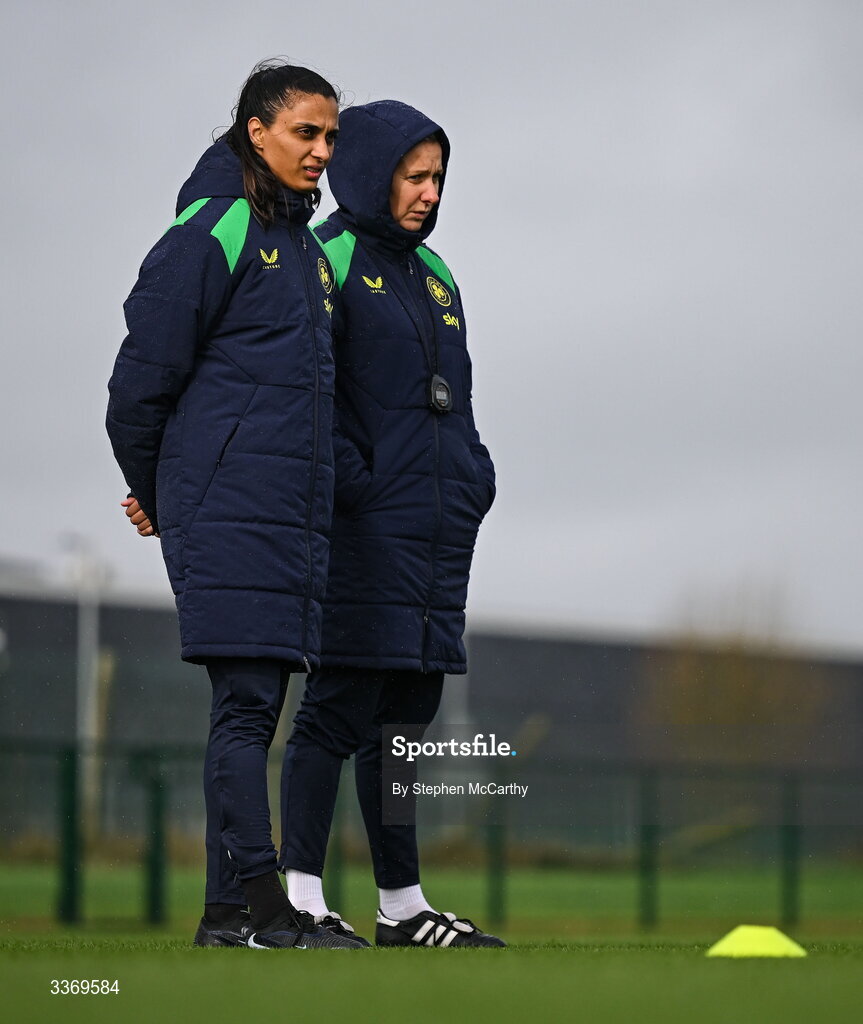 26 February 2026; Performance analyst Jasmine Mander and head coach Carla Ward, right, during a Republic of Ireland women training session at the FAI National Training Centre in Abbotstown, Dublin. Photo by Stephen McCarthy/Sportsfile