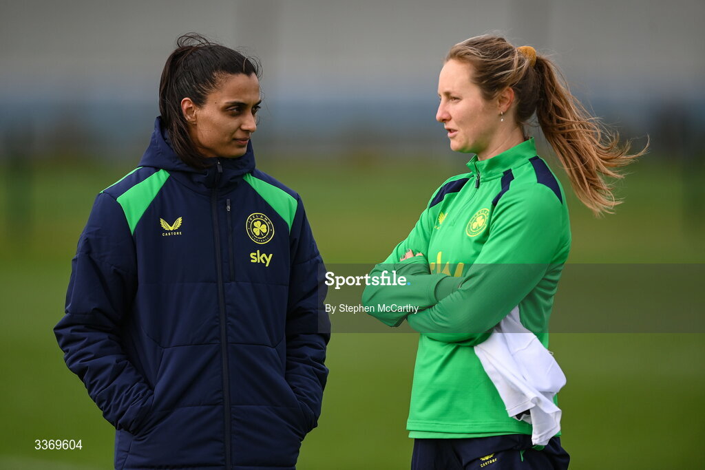 26 February 2026; Performance analyst Jasmine Mander and Kyra Carusa, right, during a Republic of Ireland women training session at the FAI National Training Centre in Abbotstown, Dublin. Photo by Stephen McCarthy/Sportsfile