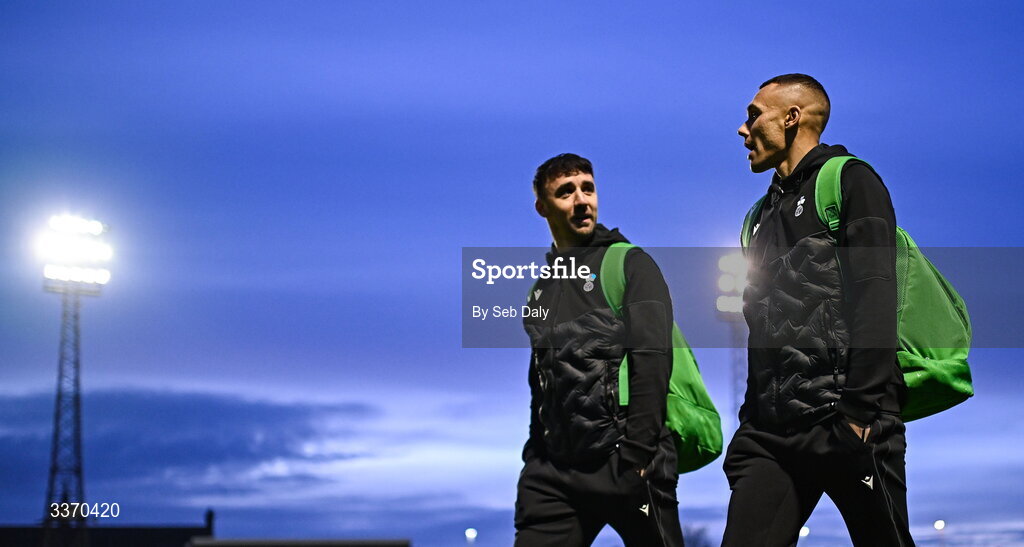 27 February 2026; Enda Stevens, left, and Graham Burke of Shamrock Rovers before the SSE Airtricity Men's Premier Division match between Bohemians and Shamrock Rovers at Dalymount Park in Dublin. Photo by Seb Daly/Sportsfile