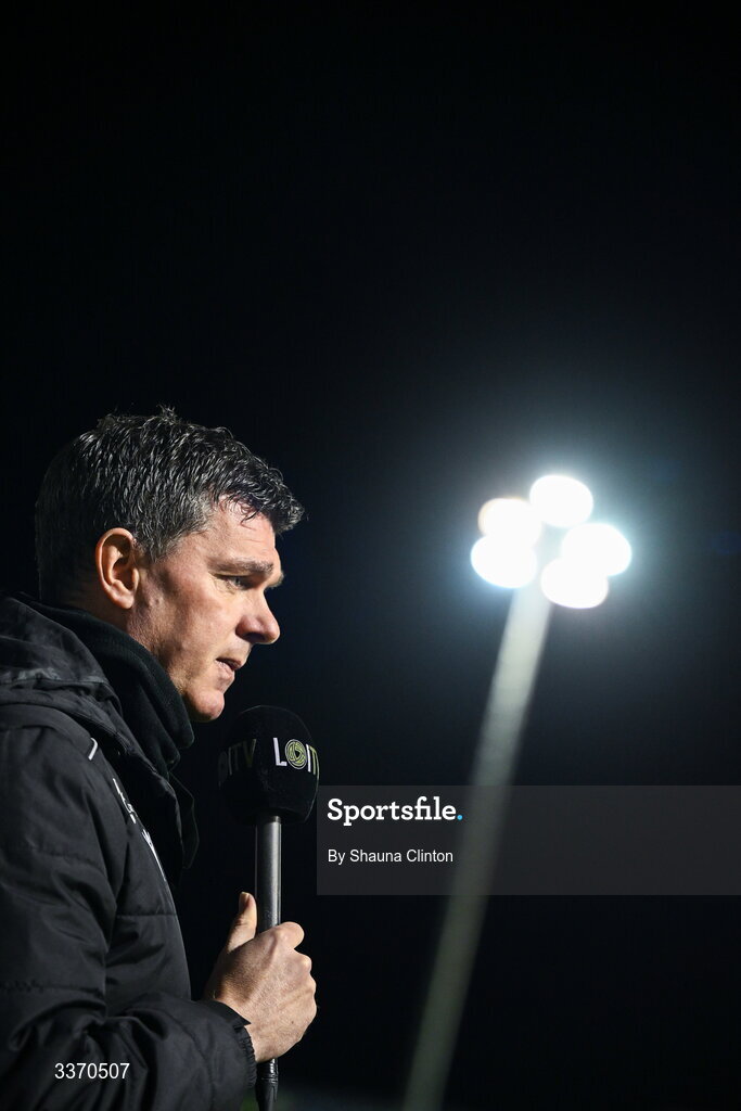 27 February 2026; Drogheda United manager Kevin Doherty is interviewed by LOI TV before the SSE Airtricity Men's Premier Division match between Drogheda United and Shelbourne at Sullivan & Lambe Park in Drogheda, Louth. Photo by Shauna Clinton/Sportsfile