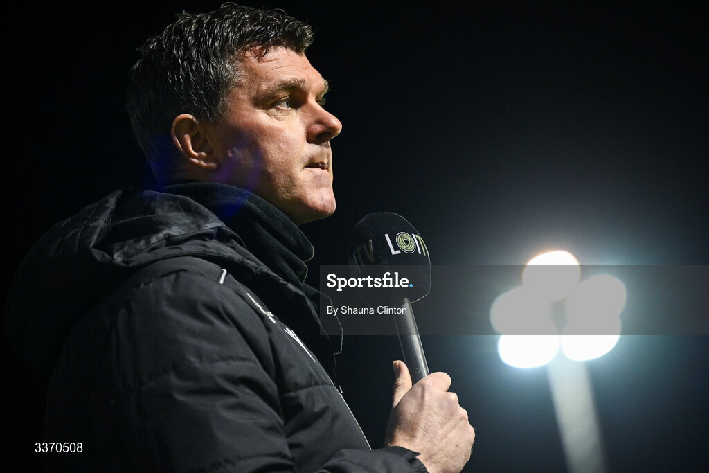 27 February 2026; Drogheda United manager Kevin Doherty is interviewed by LOI TV before the SSE Airtricity Men's Premier Division match between Drogheda United and Shelbourne at Sullivan & Lambe Park in Drogheda, Louth. Photo by Shauna Clinton/Sportsfile