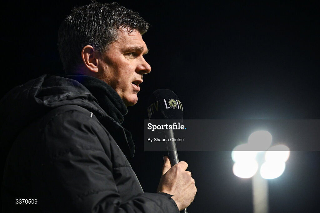 27 February 2026; Drogheda United manager Kevin Doherty is interviewed by LOI TV before the SSE Airtricity Men's Premier Division match between Drogheda United and Shelbourne at Sullivan & Lambe Park in Drogheda, Louth. Photo by Shauna Clinton/Sportsfile