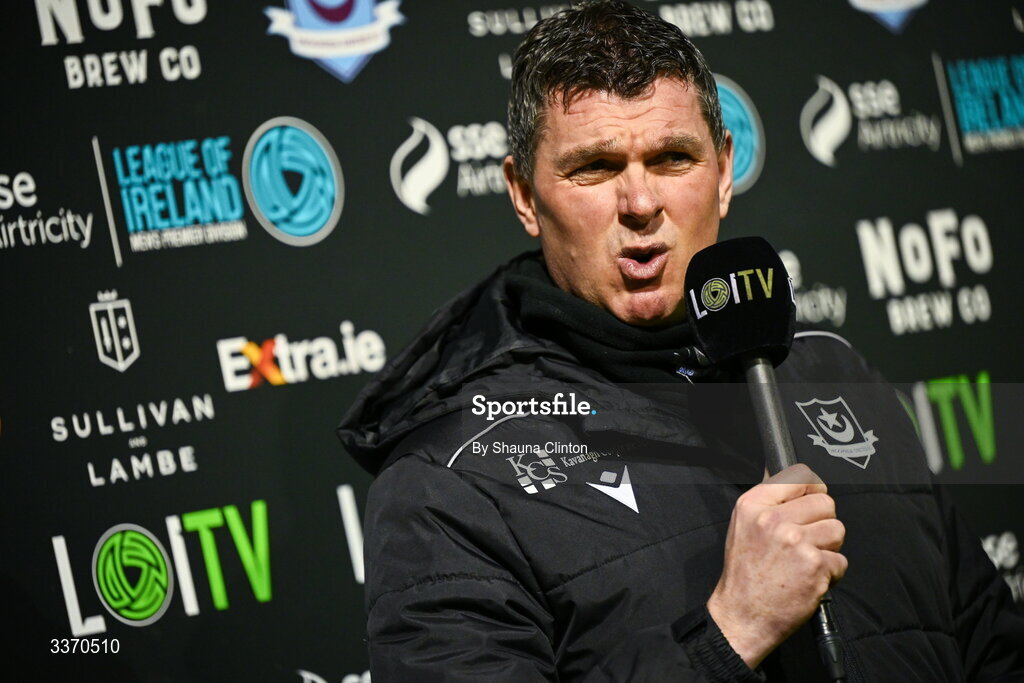 27 February 2026; Drogheda United manager Kevin Doherty is interviewed by LOI TV before the SSE Airtricity Men's Premier Division match between Drogheda United and Shelbourne at Sullivan & Lambe Park in Drogheda, Louth. Photo by Shauna Clinton/Sportsfile