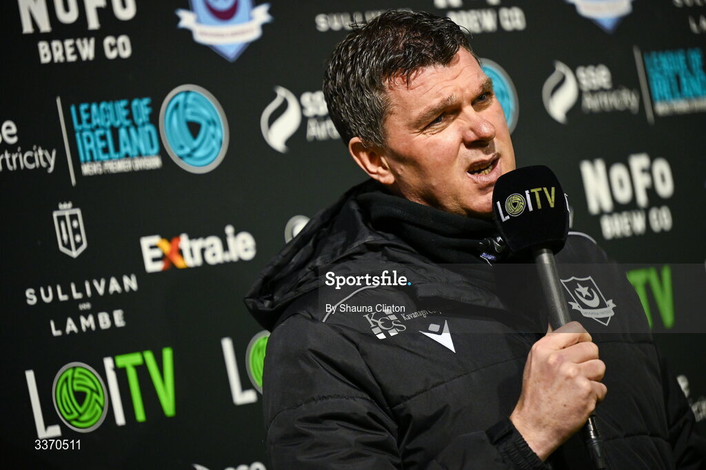 27 February 2026; Drogheda United manager Kevin Doherty is interviewed by LOI TV before the SSE Airtricity Men's Premier Division match between Drogheda United and Shelbourne at Sullivan & Lambe Park in Drogheda, Louth. Photo by Shauna Clinton/Sportsfile