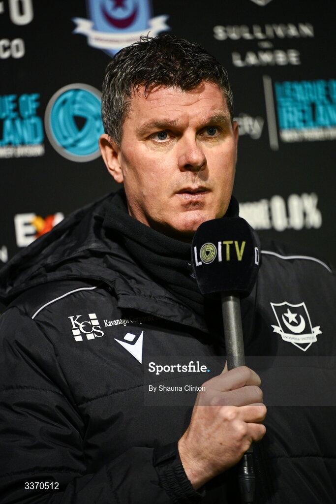 27 February 2026; Drogheda United manager Kevin Doherty is interviewed by LOI TV before the SSE Airtricity Men's Premier Division match between Drogheda United and Shelbourne at Sullivan & Lambe Park in Drogheda, Louth. Photo by Shauna Clinton/Sportsfile