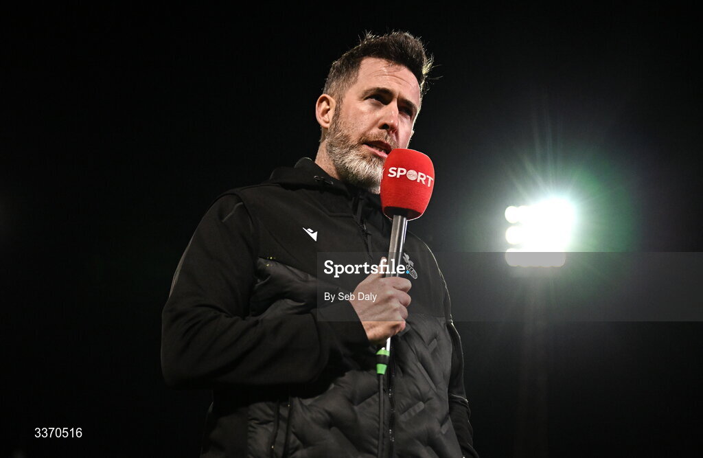 27 February 2026; Shamrock Rovers manager Stephen Bradley is interviewed for Virgin Media Sport before the SSE Airtricity Men's Premier Division match between Bohemians and Shamrock Rovers at Dalymount Park in Dublin. Photo by Seb Daly/Sportsfile