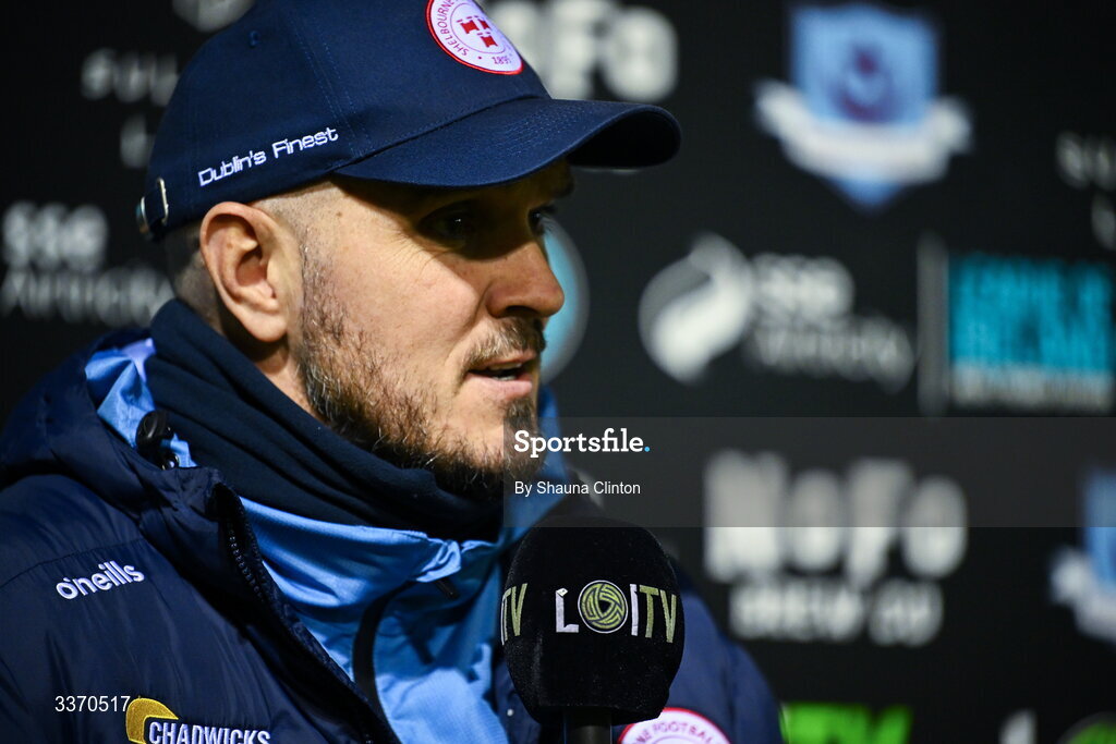 27 February 2026; Shelbourne head coach Joey O'Brien is interviewed by LOI TV before the SSE Airtricity Men's Premier Division match between Drogheda United and Shelbourne at Sullivan & Lambe Park in Drogheda, Louth. Photo by Shauna Clinton/Sportsfile
