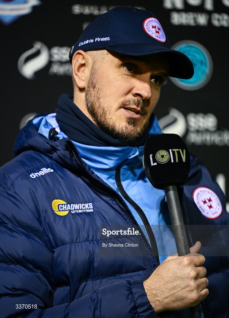 27 February 2026; Shelbourne head coach Joey O'Brien is interviewed by LOI TV before the SSE Airtricity Men's Premier Division match between Drogheda United and Shelbourne at Sullivan & Lambe Park in Drogheda, Louth. Photo by Shauna Clinton/Sportsfile