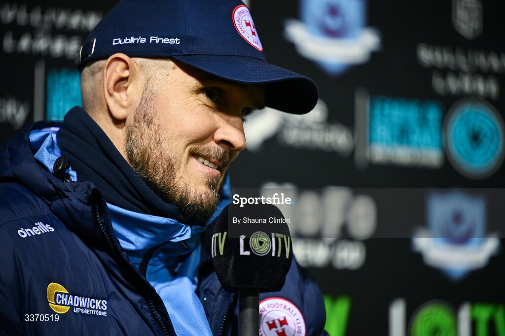 27 February 2026; Shelbourne head coach Joey O'Brien is interviewed by LOI TV before the SSE Airtricity Men's Premier Division match between Drogheda United and Shelbourne at Sullivan & Lambe Park in Drogheda, Louth. Photo by Shauna Clinton/Sportsfile