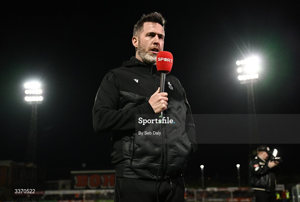 27 February 2026; Shamrock Rovers manager Stephen Bradley is interviewed for Virgin Media Sport before the SSE Airtricity Men's Premier Division match between Bohemians and Shamrock Rovers at Dalymount Park in Dublin. Photo by Seb Daly/Sportsfile
