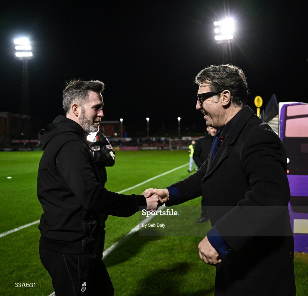 27 February 2026; Shamrock Rovers manager Stephen Bradley, left, with Former Bohemians manager Roddy Collins before the SSE Airtricity Men's Premier Division match between Bohemians and Shamrock Rovers at Dalymount Park in Dublin. Photo by Seb Daly/Sportsfile