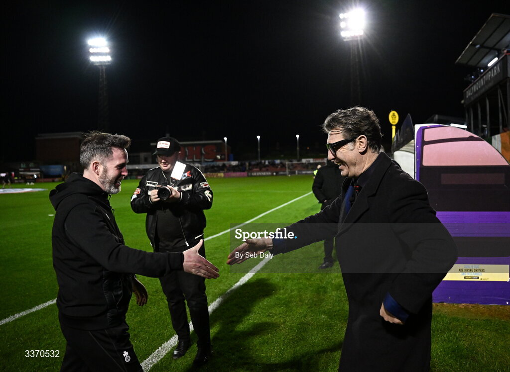 27 February 2026; Shamrock Rovers manager Stephen Bradley, left, with Former Bohemians manager Roddy Collins before the SSE Airtricity Men's Premier Division match between Bohemians and Shamrock Rovers at Dalymount Park in Dublin. Photo by Seb Daly/Sportsfile