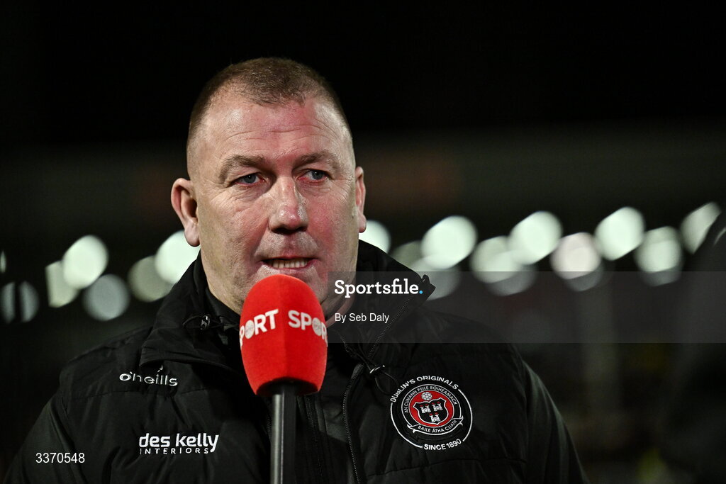 27 February 2026; Bohemians manager Alan Reynolds is interviewed for Virgin Media Sport before the SSE Airtricity Men's Premier Division match between Bohemians and Shamrock Rovers at Dalymount Park in Dublin. Photo by Seb Daly/Sportsfile